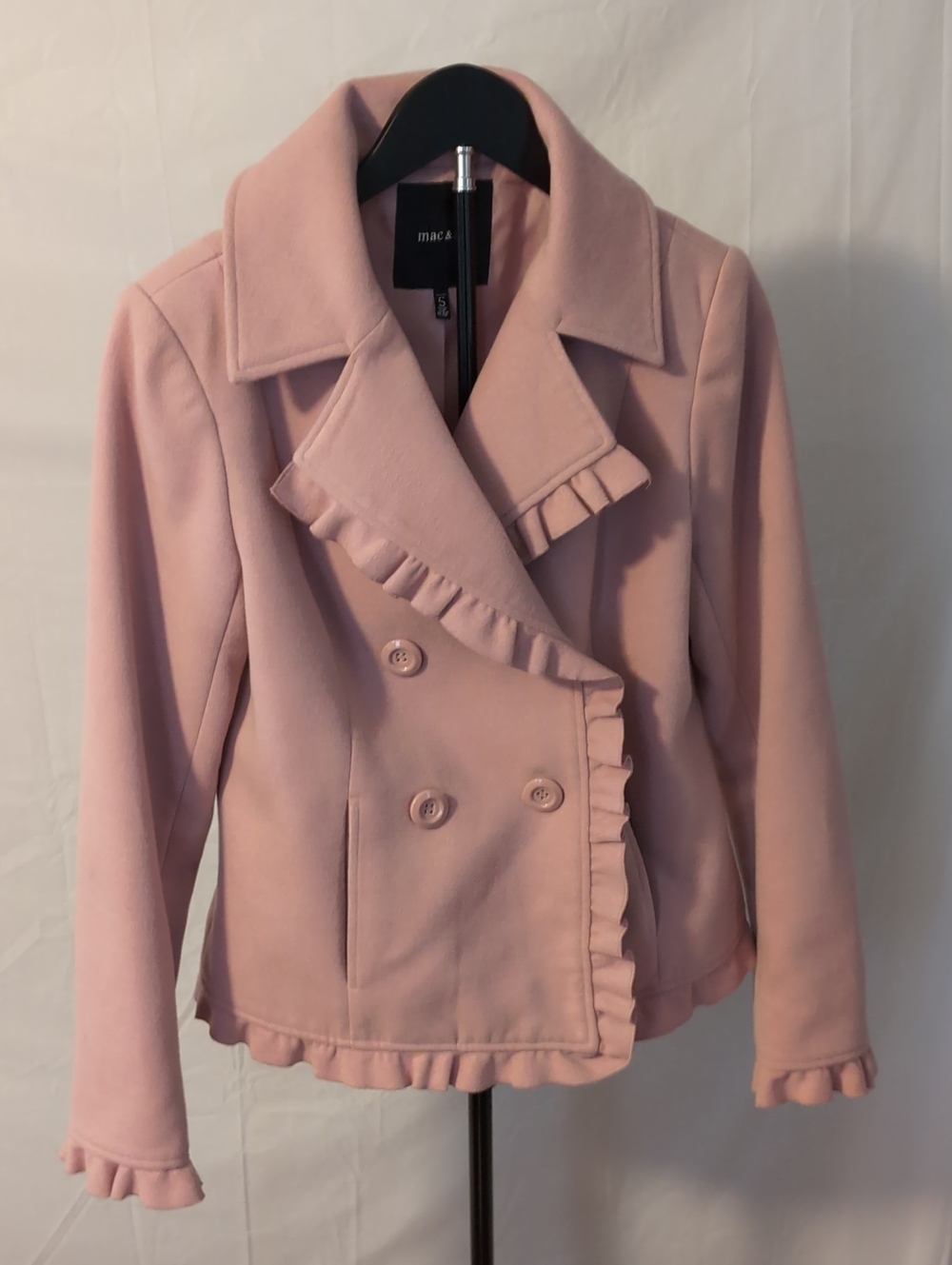 Mac & Jac Pink Double Breasted Ruffle Pea Coat Melton Jacket Size S PKMU2301